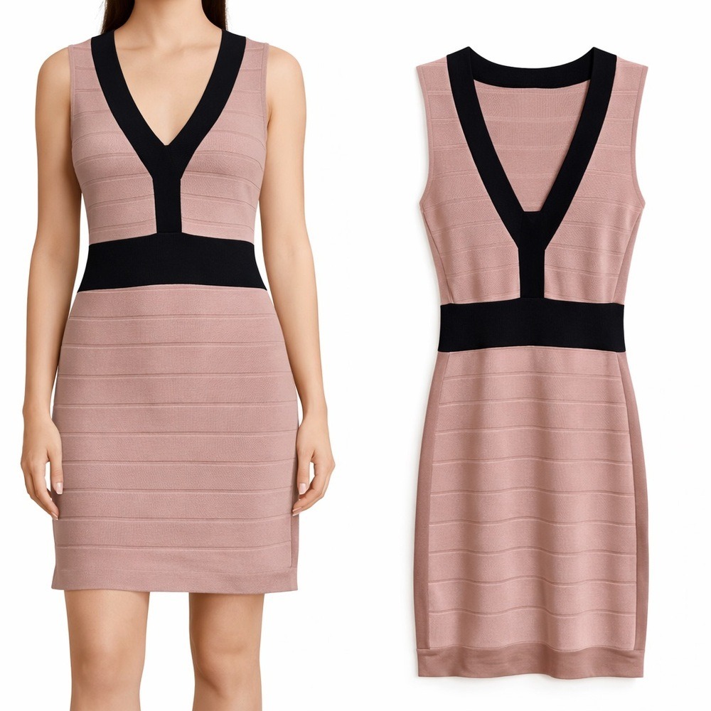 French Connection Dusty Rose‎ Black Bandage V-Neck Bodycon Mini Dress Size 4